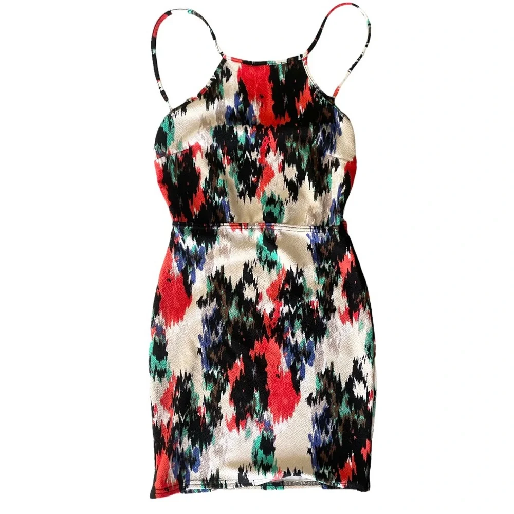 BooHoo Cream Multicolored High Neck Open Back Mini Sleeveless Dress NWOT - Picture 1 of 10